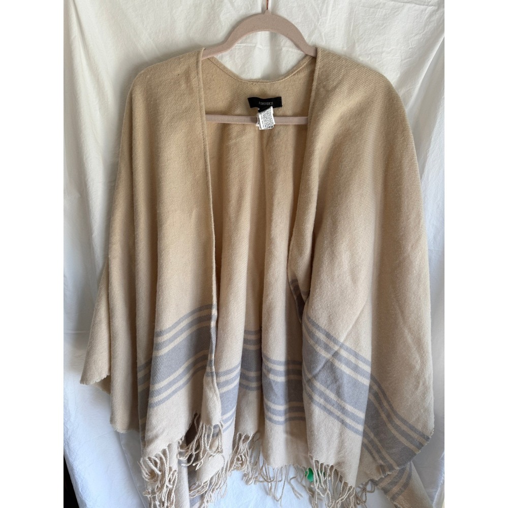 Forever 21 Womens One Size Beige Striped‎ Fringe Open Front Poncho Shawl Wrap
